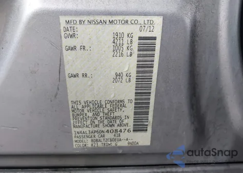 2013 Nissan Altima 2.5 Sv из США, поврежденный, VIN 1N4AL3AP6DN408476